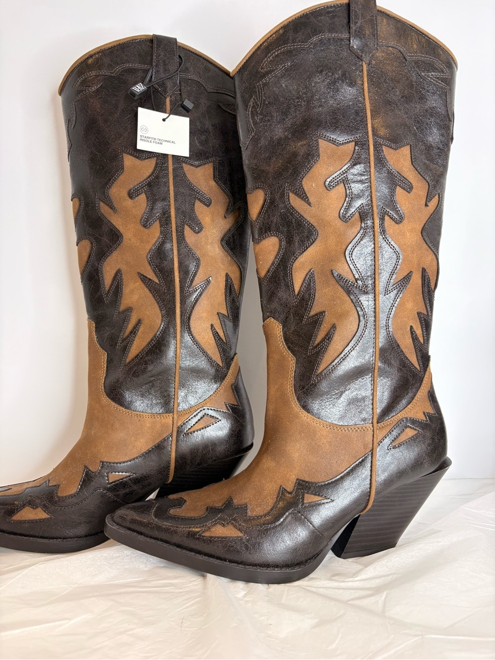 Zara Two-Tone Brown and Dark Brown Over-the-Knee Western Boots - Picture 5 of 12